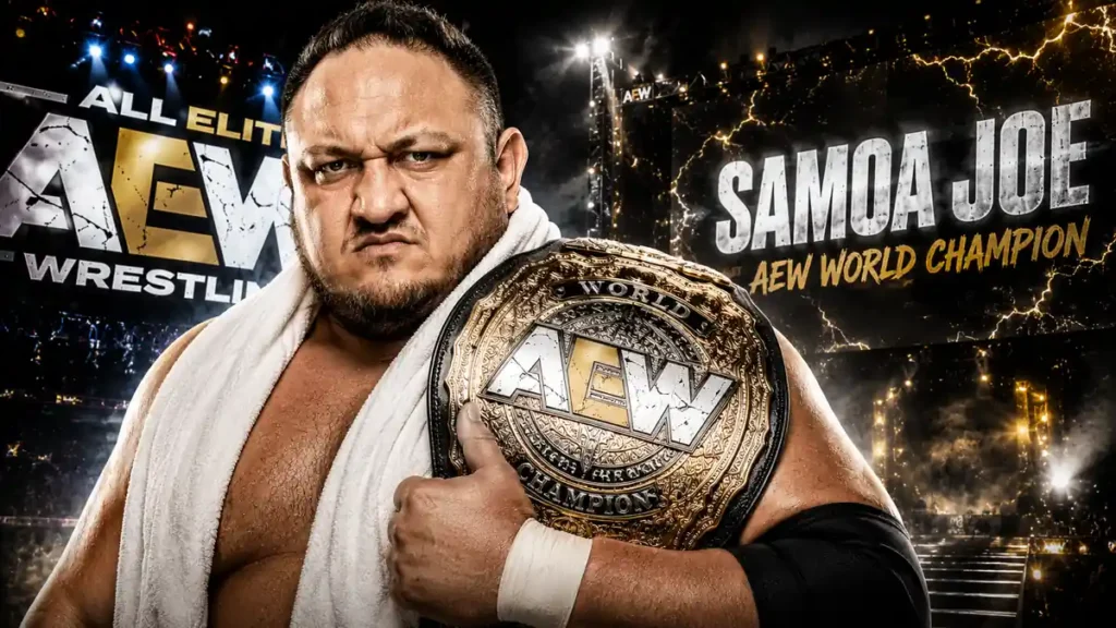 Samoa Joe holding the AEW World Championship during his AEW World Title reign as a dominant two-time AEW World Champion.