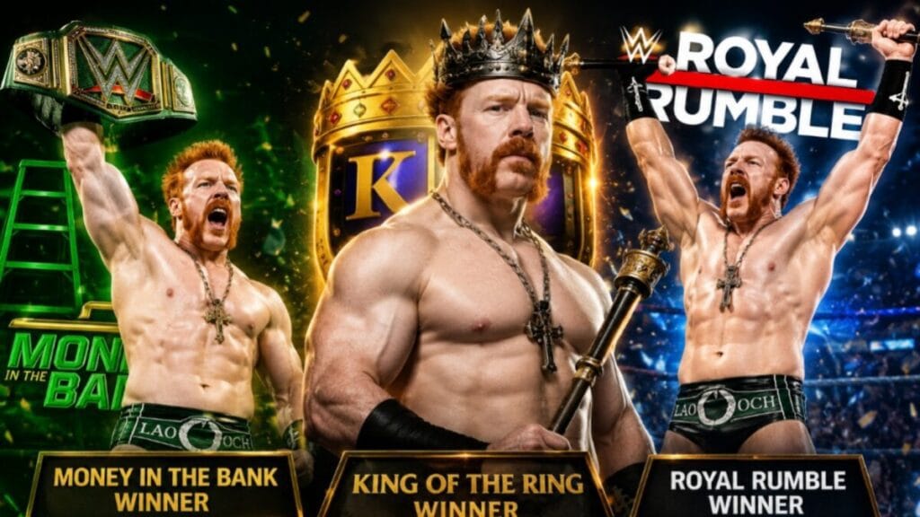 A dramatic collage of Sheamus celebrating his Money in the Bank victory, King of the Ring triumph, and Royal Rumble win, highlighting three of his biggest WWE career achievements.