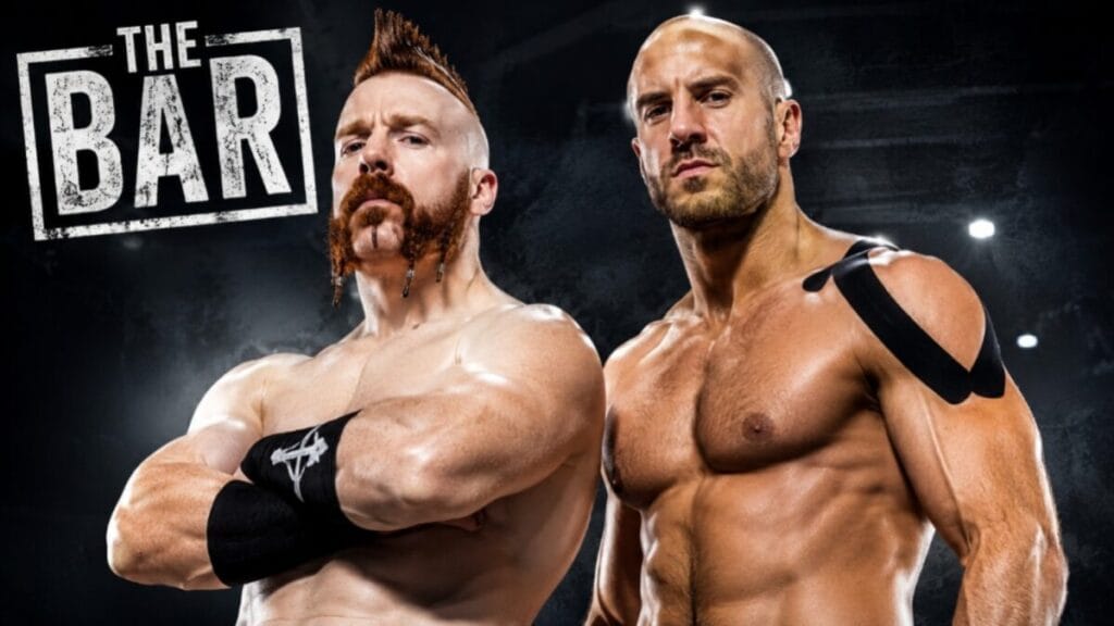 Sheamus and Cesaro pose together as The Bar in a dramatic WWE-style promotional image, highlighting one of the most dominant tag teams in WWE history.