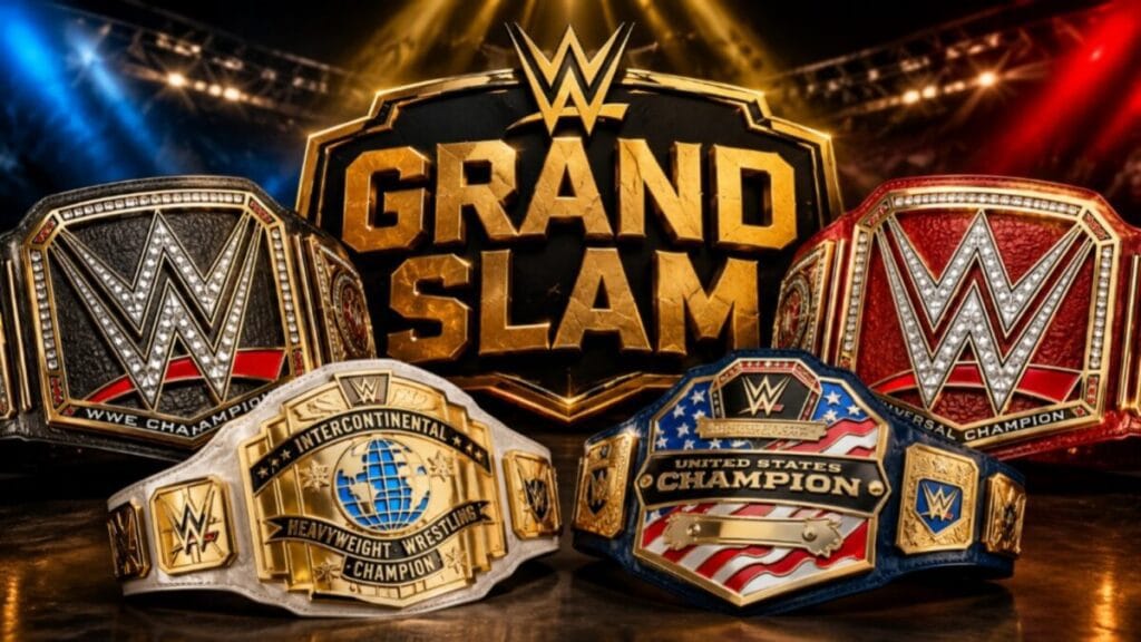 A dramatic WWE-themed thumbnail featuring the World Championship, Universal Championship, Intercontinental Championship, and United States Championship belts, representing the titles required to become a WWE Grand Slam Champion.