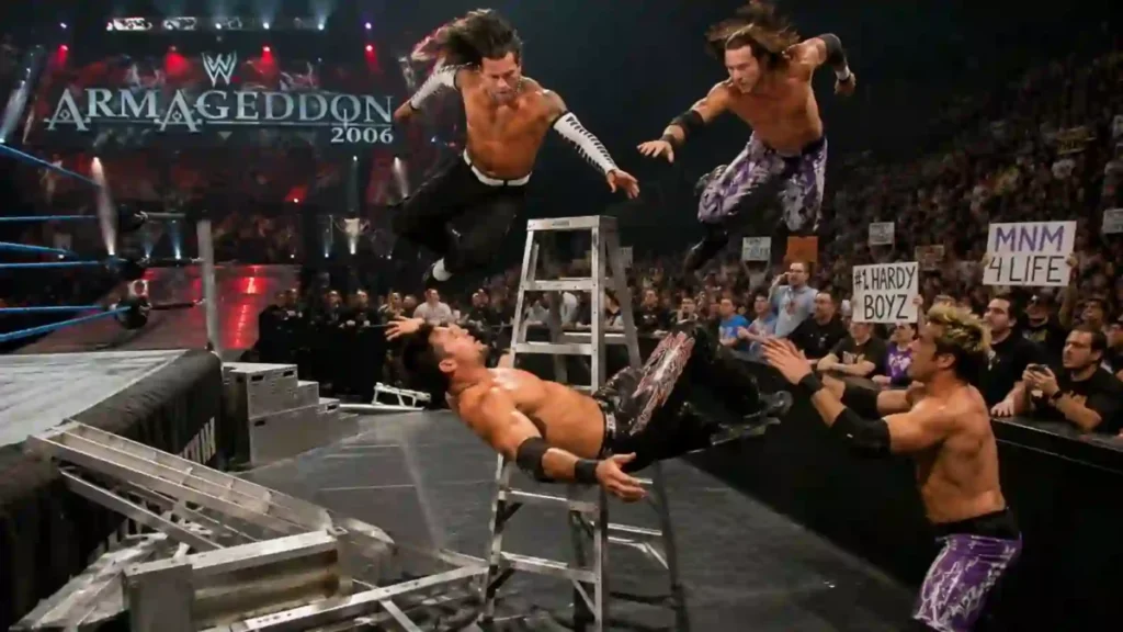 AI-generated wrestling ladder match inspired by Joey Mercury vs. The Hardys and MNM at WWE Armageddon 2006