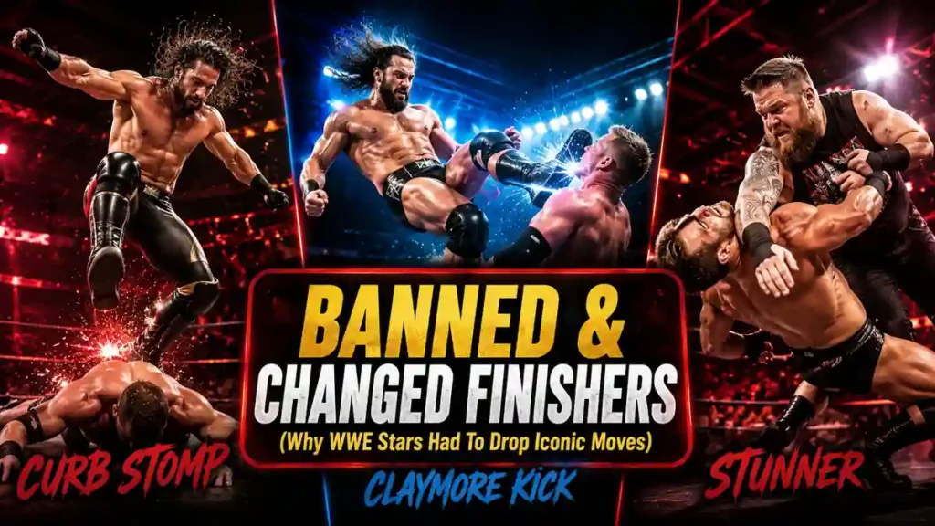 WWE wrestlers performing iconic finishers including the Curb Stomp, Claymore Kick and Stunner
