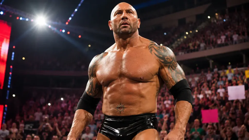 Batista returns during the 2014 WWE Royal Rumble entrance in a packed arena