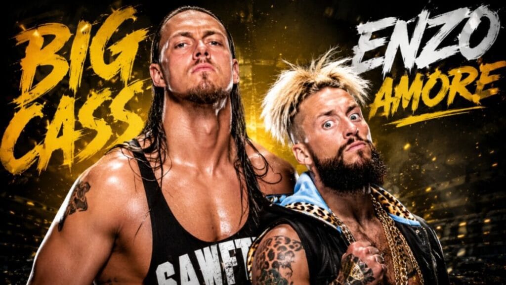Big Cass and Enzo Amore reunion thumbnail featuring the former WWE tag team with a dramatic black and gold background.