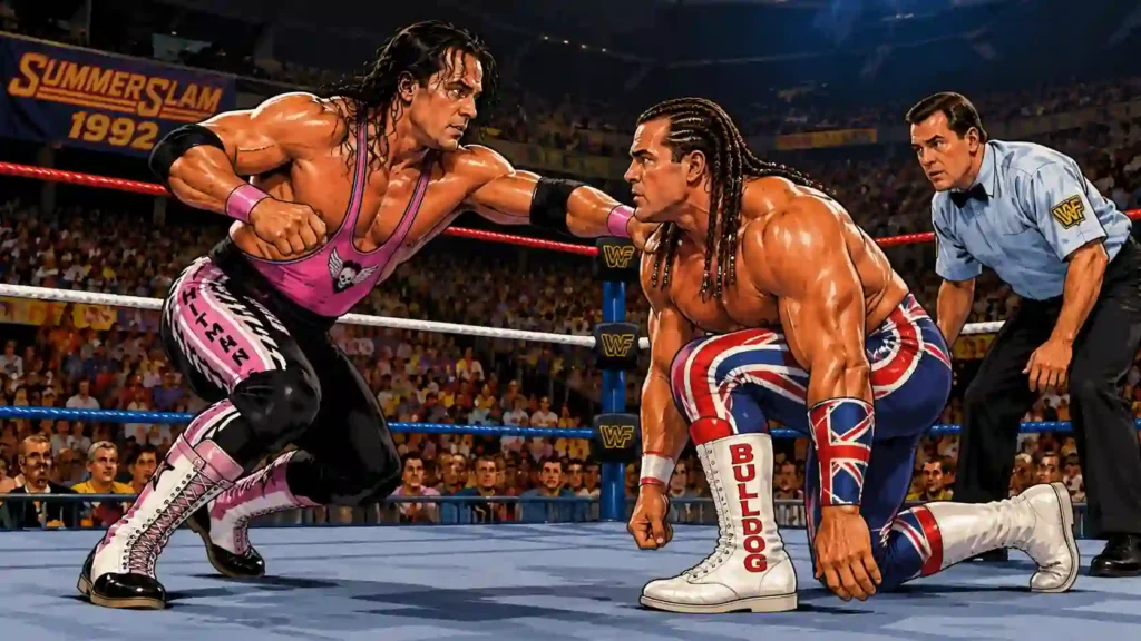 Comic-style AI illustration of Bret Hart facing British Bulldog during their legendary SummerSlam 1992 wrestling match inside a packed arena.