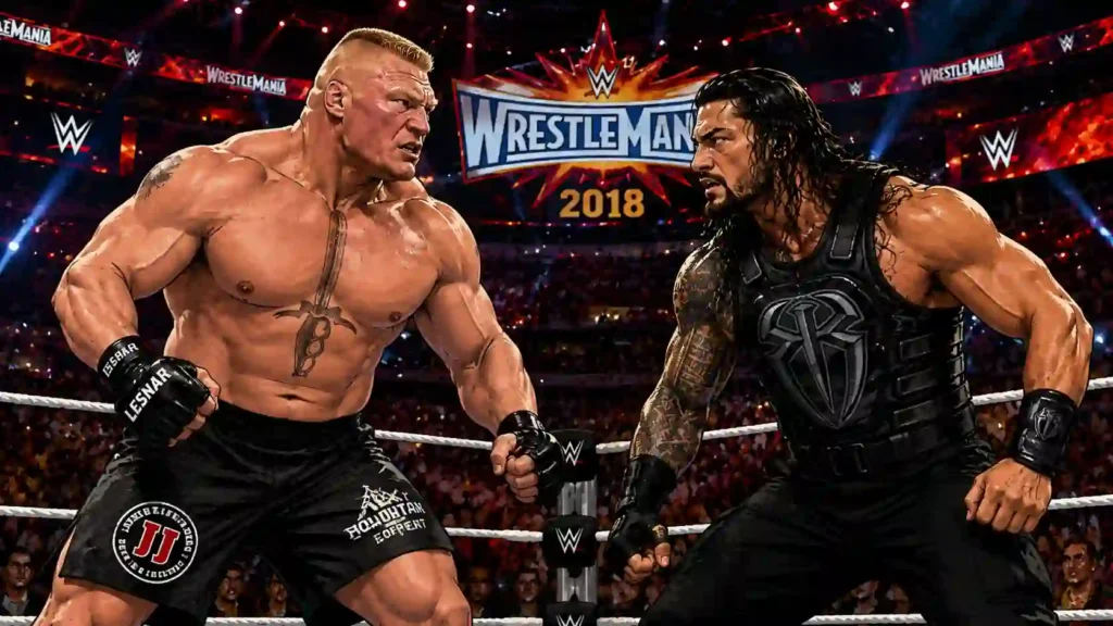 Brock Lesnar and Roman Reigns facing off during their intense 2018 WWE championship rivalry inside a packed arena.