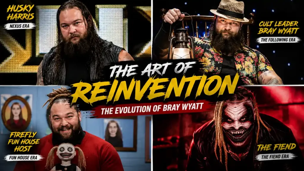 Bray Wyatt evolution collage showing Husky Harris, Cult Leader Bray Wyatt, Firefly Fun House host and The Fiend