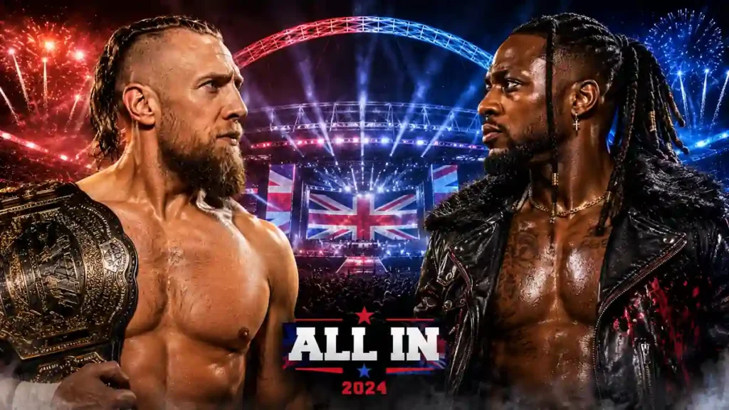 AI illustration of Bryan Danielson and Swerve Strickland facing off at AEW All In 2024 inside a packed stadium.