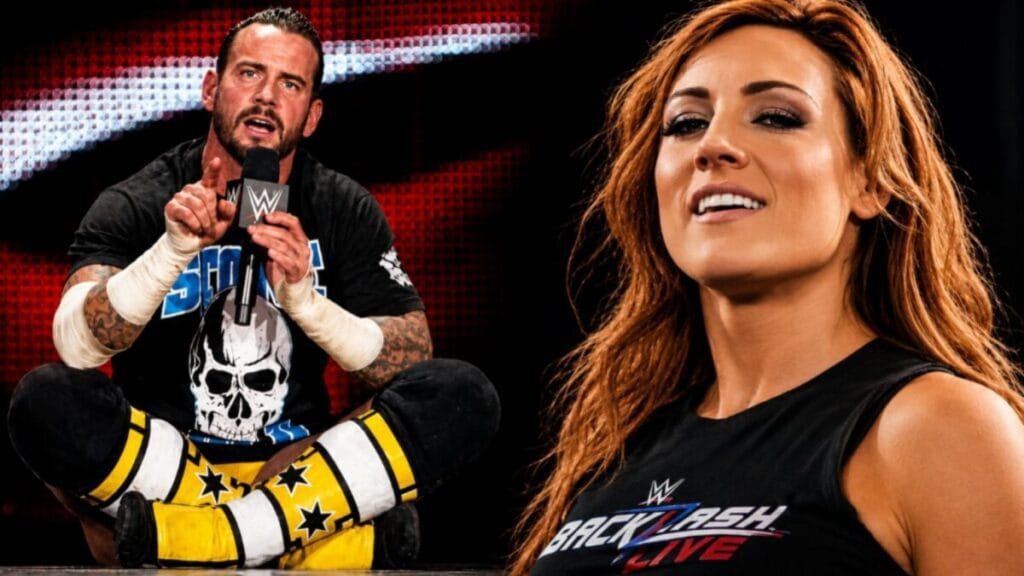 CM Punk addresses the WWE Universe while Becky Lynch looks on during a WWE storyline promotional image.