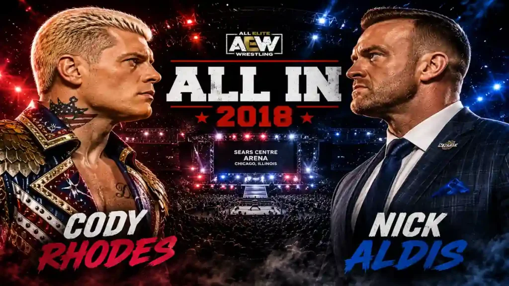 AI illustration of Cody Rhodes and Nick Aldis facing off before their historic All In 2018 main event.