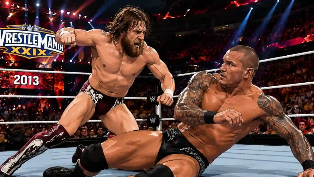 Comic-style AI illustration of Daniel Bryan attacking Randy Orton during their intense 2013 WWE rivalry inside a packed wrestling arena.