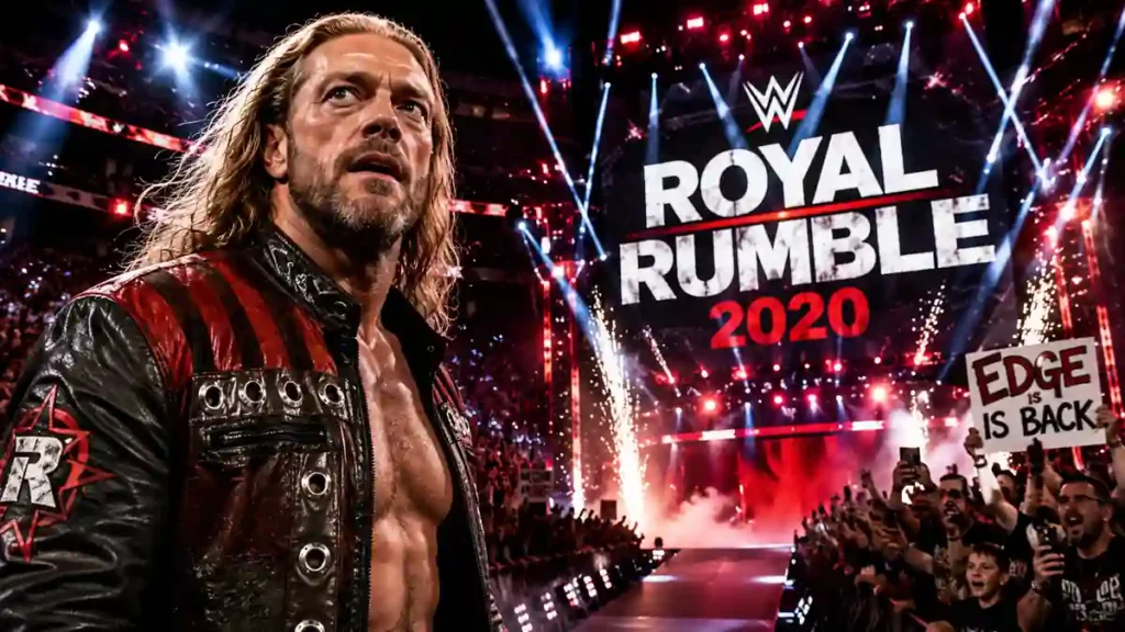 AI illustration of Edge making his emotional return at WWE Royal Rumble 2020.