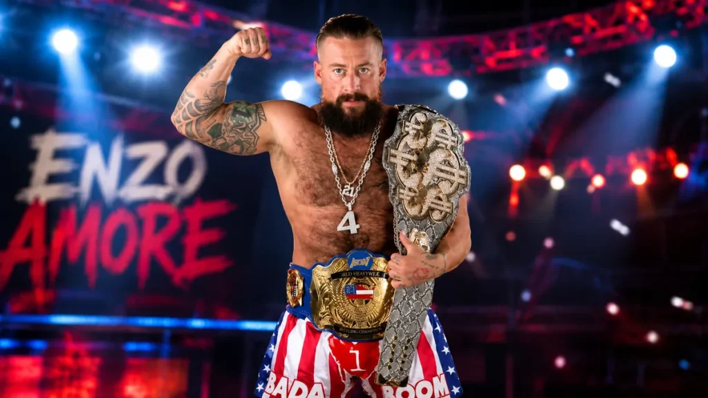 Enzo Amore posing with championship belts in a dramatic arena-style portrait during his post-WWE wrestling career.