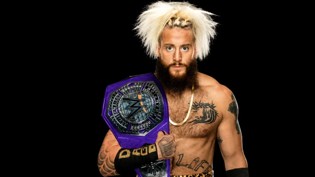 Enzo Amore posing with the WWE Cruiserweight Championship in a studio-style promotional portrait.