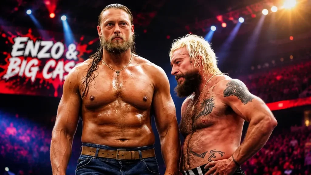 Enzo Amore and Big Cass standing together in a wrestling arena during a dramatic reunion-style promotional moment.