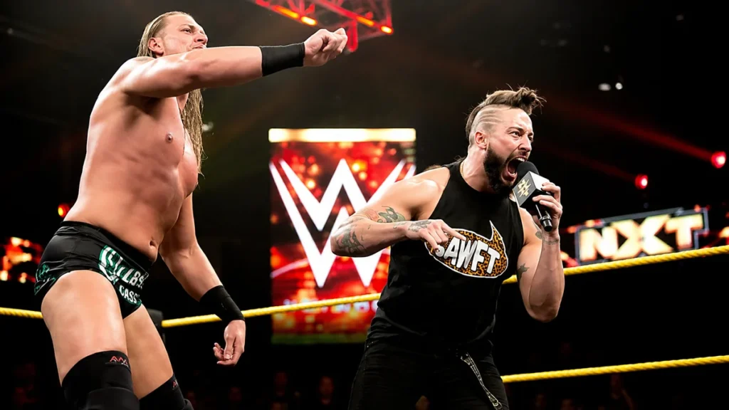 Enzo Amore and Big Cass making an energetic WWE NXT entrance during a live arena promo.
