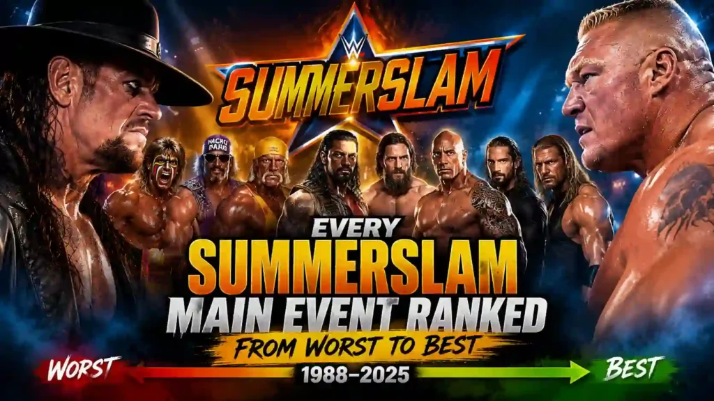 AI-designed SummerSlam thumbnail featuring iconic WWE legends for a ranking of every SummerSlam main event from 1988 to 2025. 