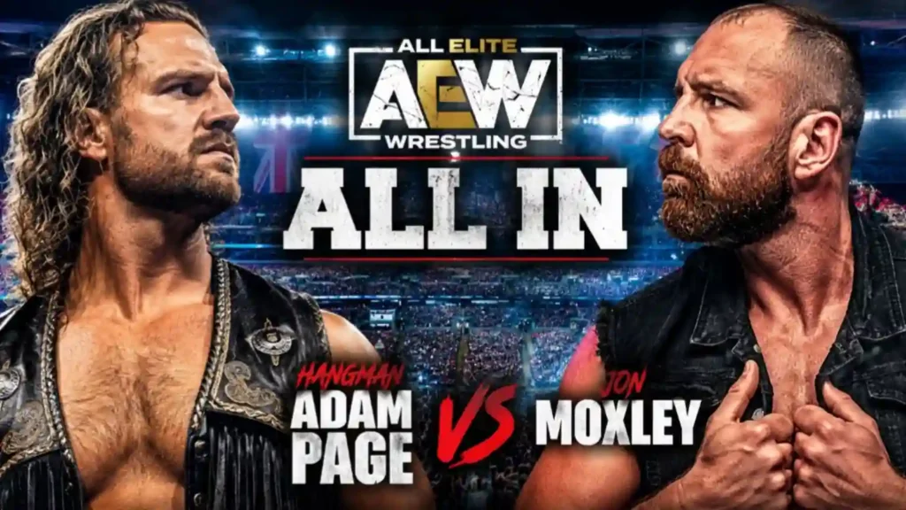 Hangman Adam Page and Jon Moxley face off in an AEW All In promotional thumbnail before their highly anticipated championship match.
