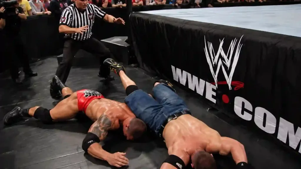 AI-generated illustration inspired by John Cena and Batista's controversial Royal Rumble 2005 finish