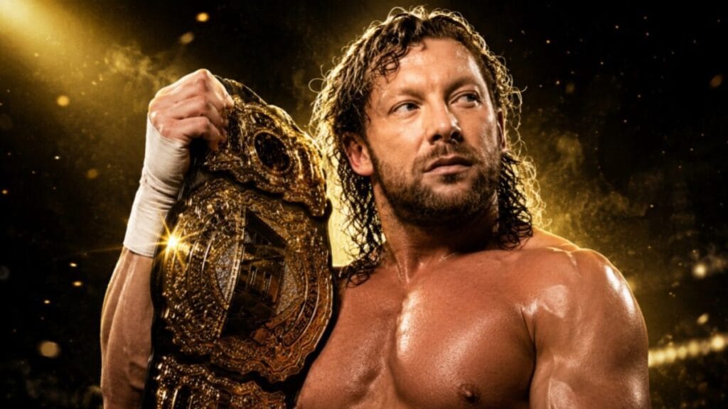 Kenny Omega holding the AEW World Championship over his shoulder in a dramatic gold-lit arena background, high-quality wrestling thumbnail without text.
