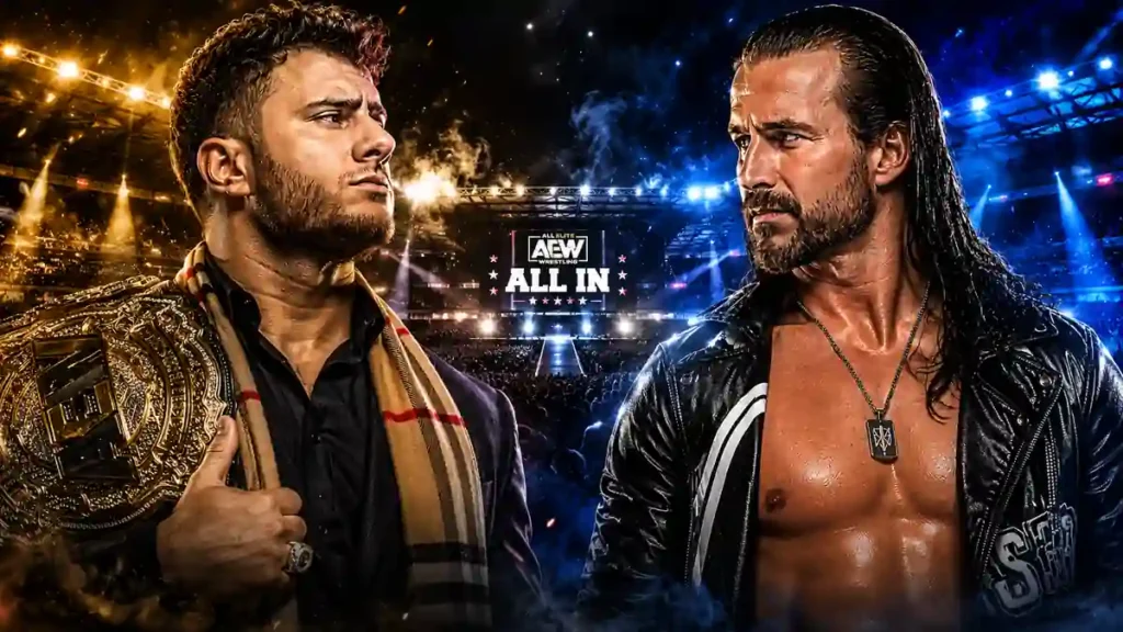 AI illustration of MJF and Adam Cole facing off at AEW All In 2023 inside a packed stadium.
