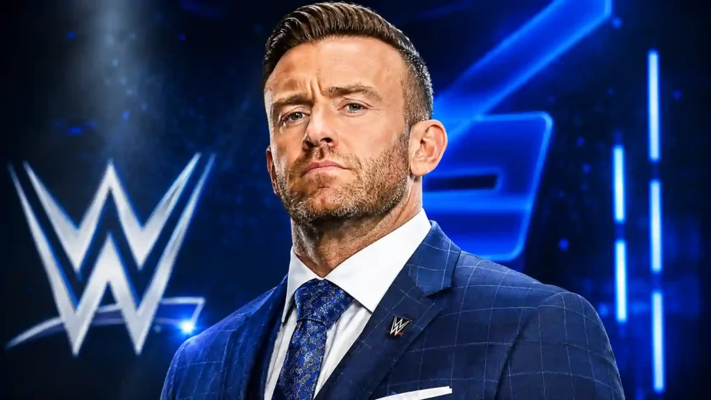 AI illustration of a young Nick Aldis wearing a blue suit with WWE-inspired blue arena lighting in the background.