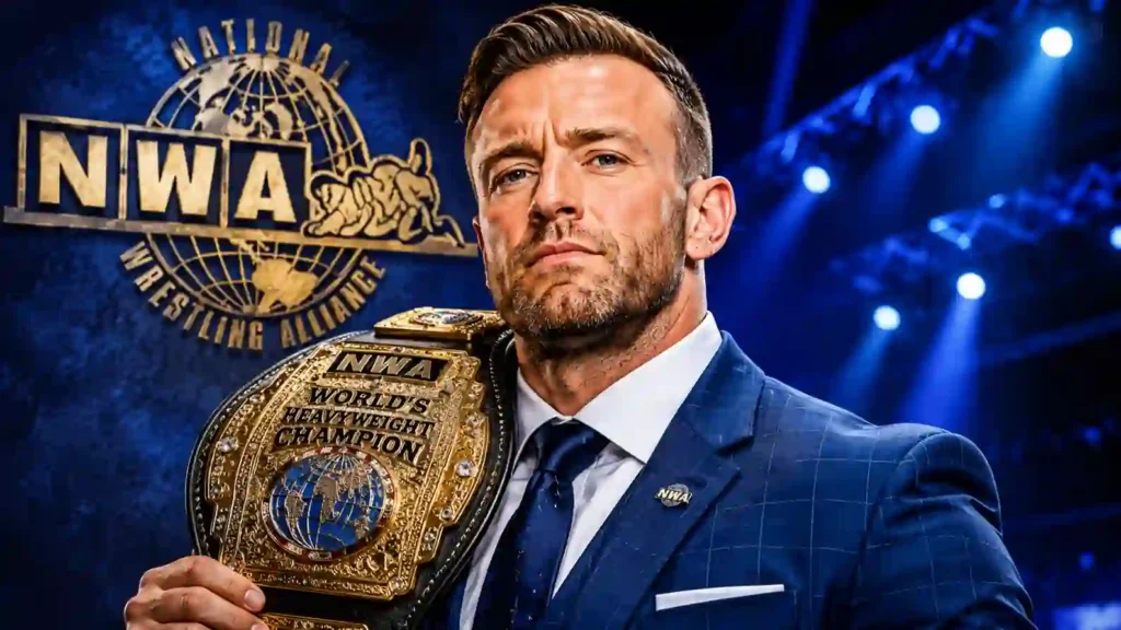 Nick Aldis holding the NWA Worlds Heavyweight Championship