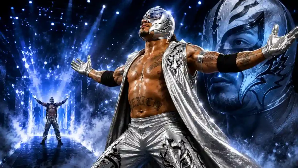 AI illustration of Rey Mysterio in his iconic Silver Surfer-inspired attire making a dramatic 2007 WWE comeback entrance with blue lighting and a smoky arena background.