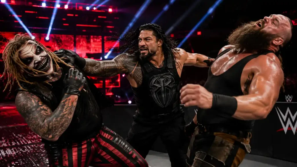 AI illustration of Roman Reigns attacking The Fiend and Braun Strowman during a dramatic WWE confrontation in 2020 with intense arena lighting.