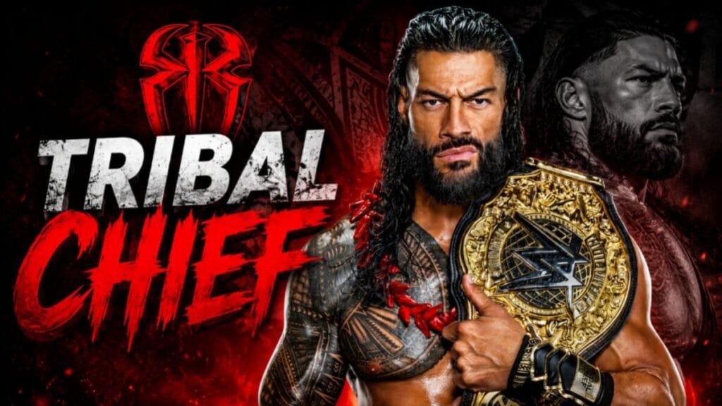 Roman Reigns as the Tribal Chief holding the WWE Championship in a dramatic red and black background thumbnail.