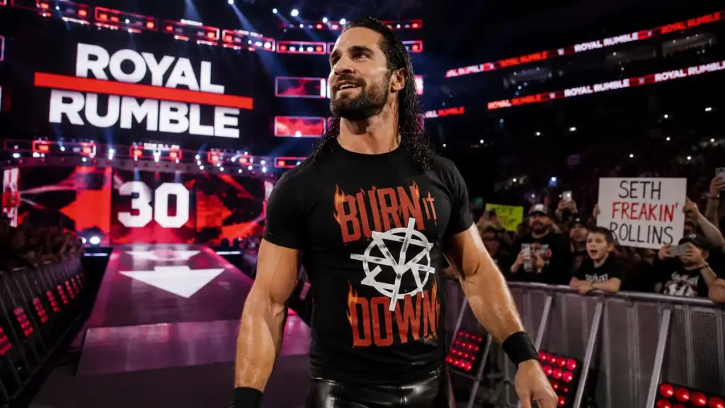 Seth Rollins returns during the 2019 WWE Royal Rumble entrance with fans cheering in the arena
