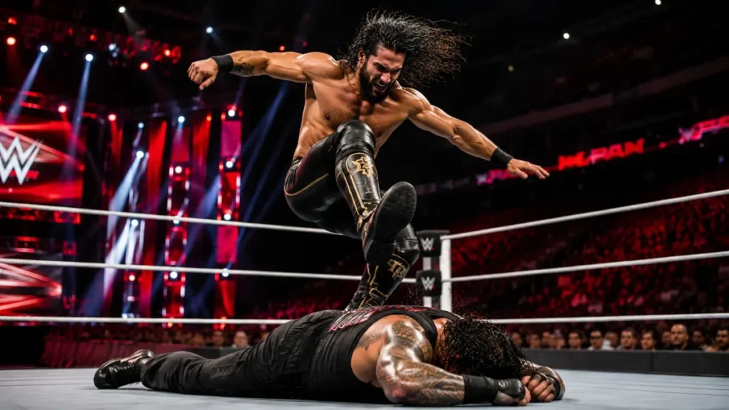 Seth Rollins delivers his devastating Curb Stomp during a WWE match as the crowd watches in excitement.