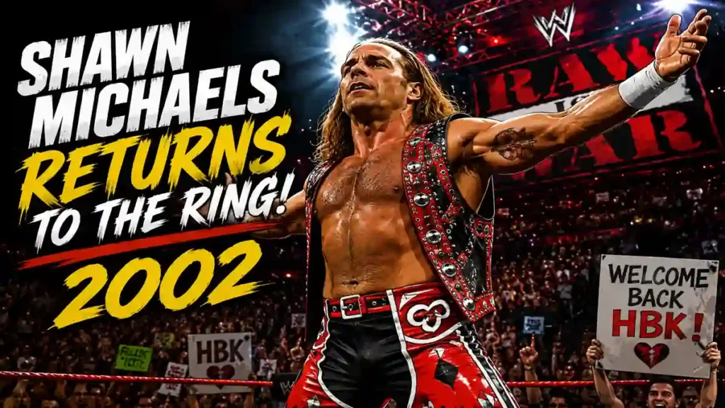 Shawn Michaels making his iconic return to the WWE ring in 2002 with a packed arena and dramatic lighting.