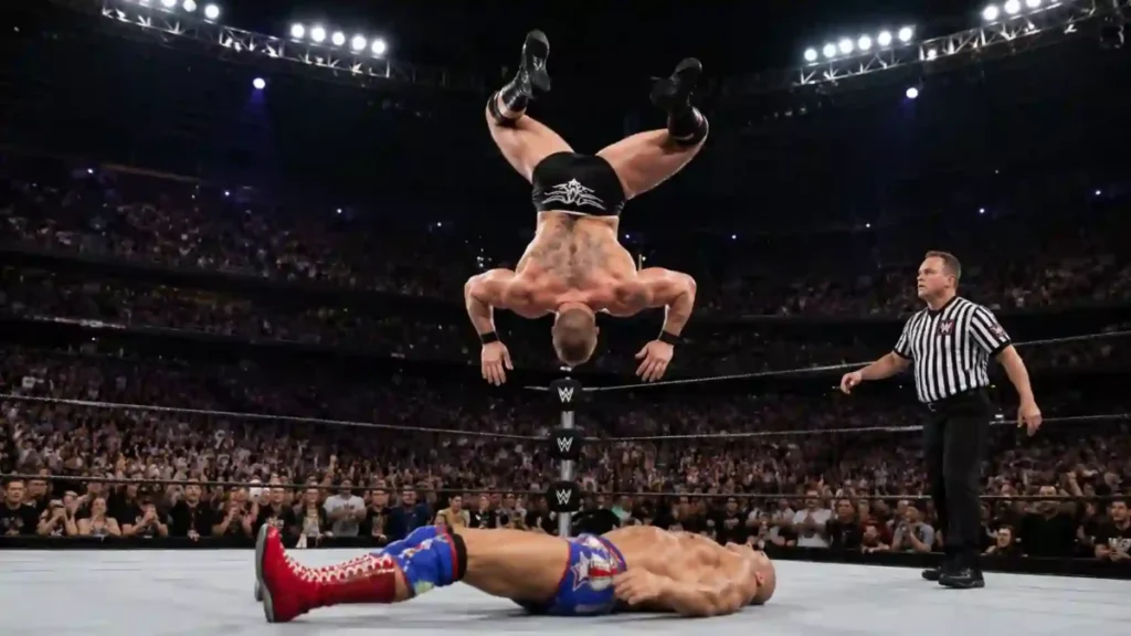 AI-generated illustration inspired by Brock Lesnar's failed Shooting Star Press at WrestleMania XIX
