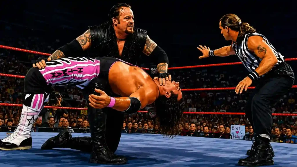Comic-style illustration of a classic wrestling match featuring The Undertaker applying a submission hold on Bret Hart while the referee shawn michales checks the action inside the ring. 