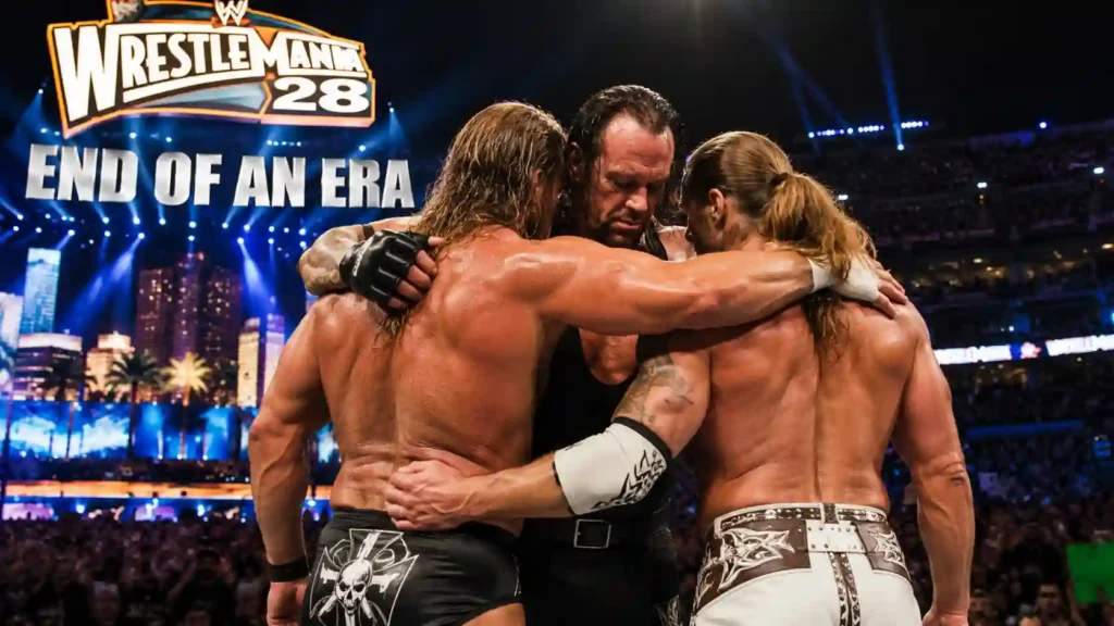 The Undertaker, Triple H and Shawn Michaels embrace at WrestleMania 28 End of an Era