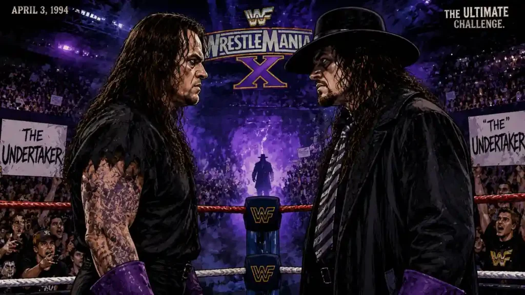 Undertaker facing his impostor during the iconic Undertaker vs. Undertaker match at WrestleMania X in 1994.