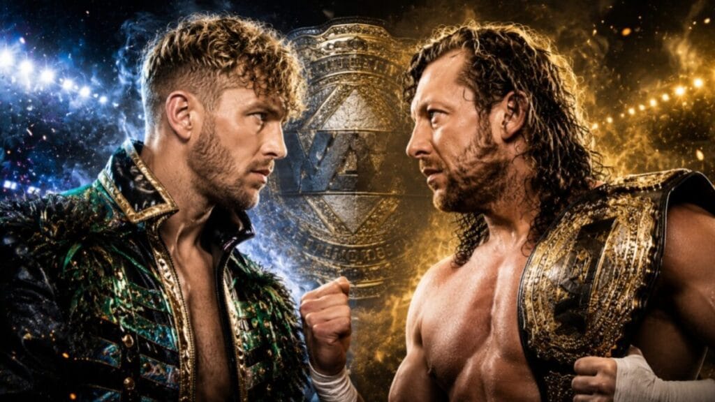 Will Ospreay and Kenny Omega face off in an intense AEW championship showdown with a dramatic blue-and-gold arena background.