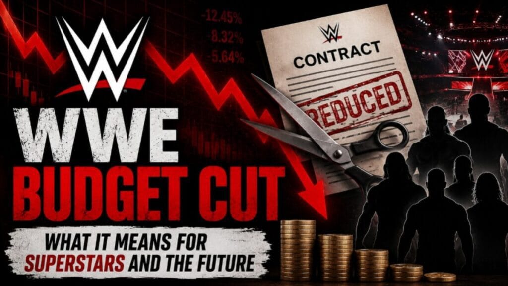 WWE Budget Cut graphic showing a contract being cut with scissors, a falling financial chart, and silhouettes of WWE superstars representing roster releases.
