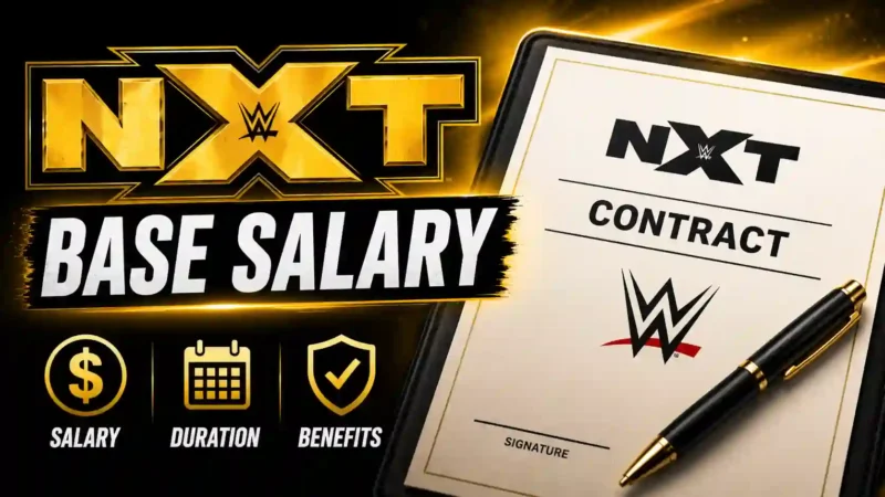 WWE NXT contract document with base salary concept, clipboard, pen, and NXT branding representing an NXT wrestler contract and salary guide.