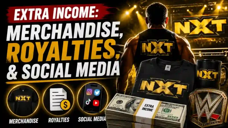 WWE NXT merchandise, cash, championship belt, and social media icons illustrating extra income from merchandise royalties and online promotions.
