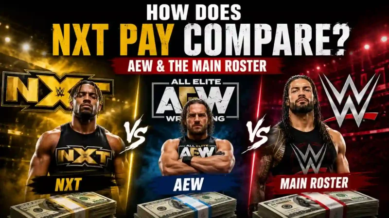 WWE NXT, AEW, and WWE Main Roster salary comparison graphic featuring wrestling brands, cash stacks, and contract pay comparison.