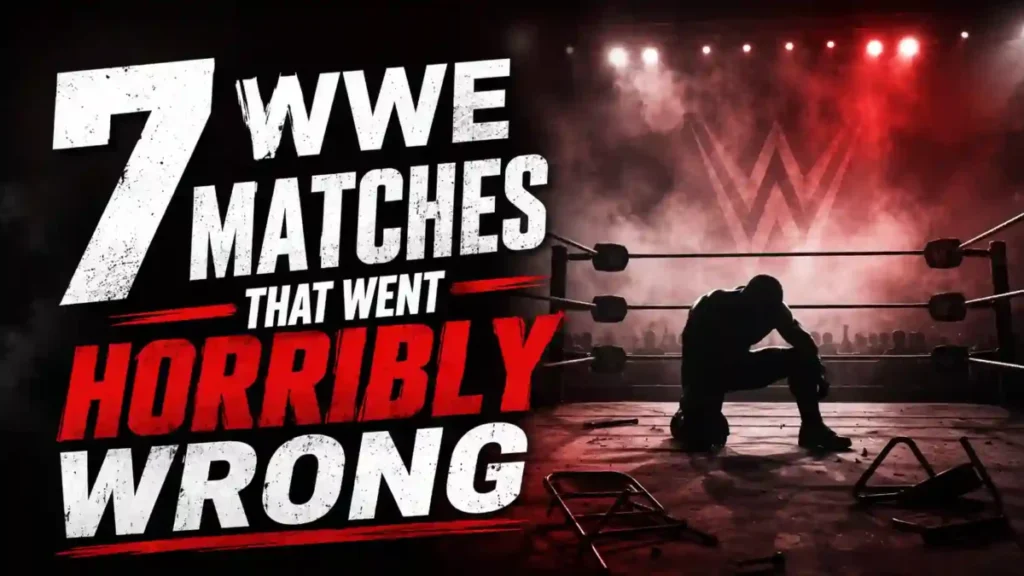 Graphic highlighting 7 WWE matches that went horribly wrong inside a wrestling ring
