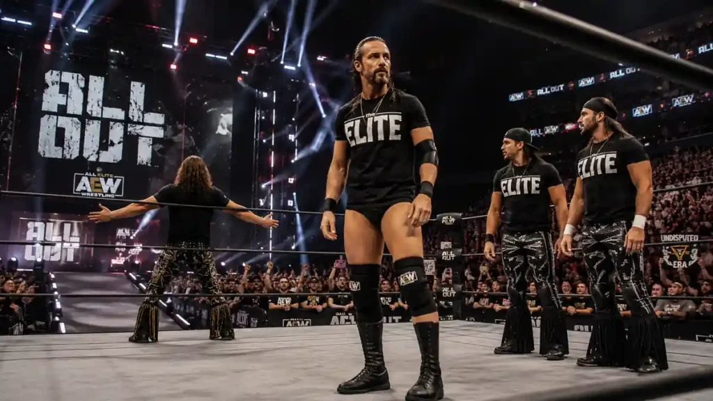 Adam Cole celebrating with The Young Bucks at AEW All Out 2021