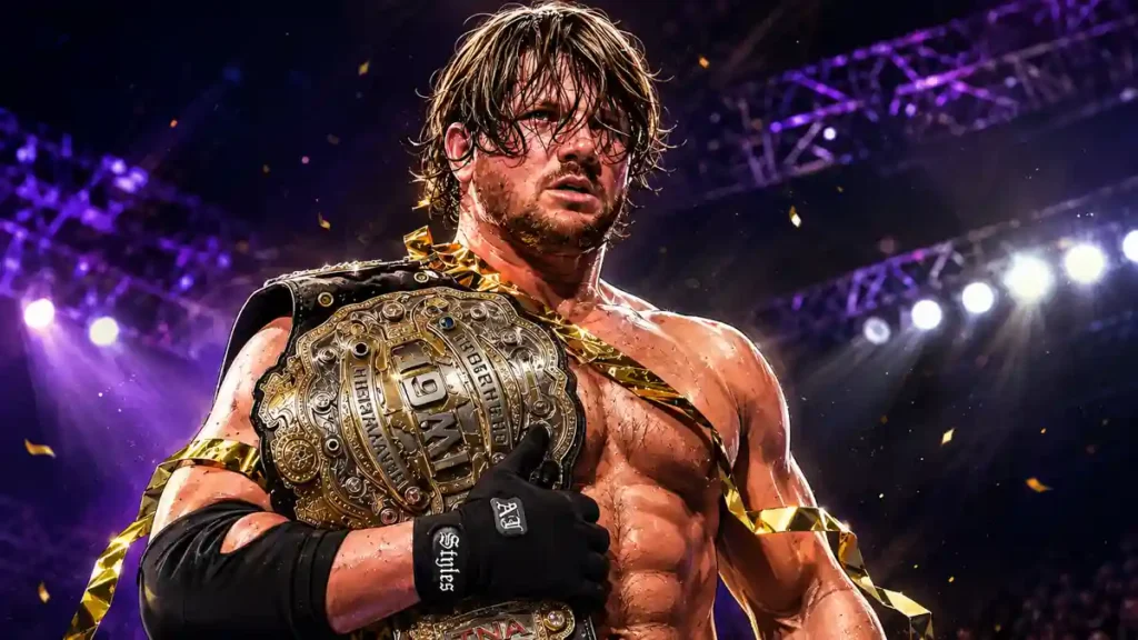 AJ Styles holding the IWGP Heavyweight Championship during his NJPW career
