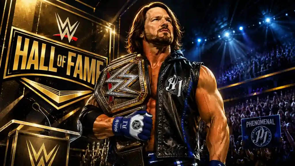AI illustration of AJ Styles celebrating his WWE Hall of Fame induction