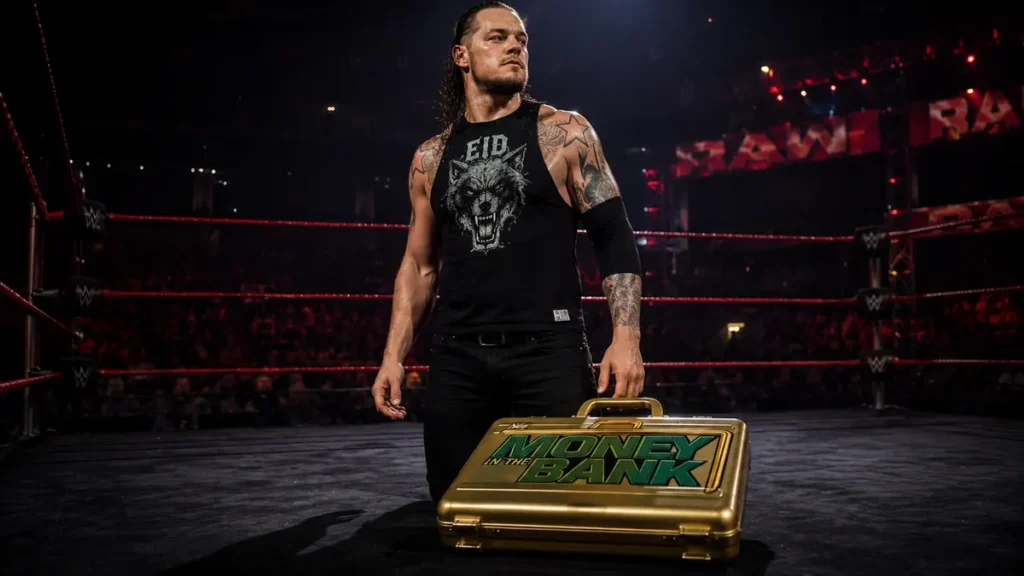Gold contract briefcase lying on the wrestling ring canvas symbolizing a failed Money in the Bank cash-in