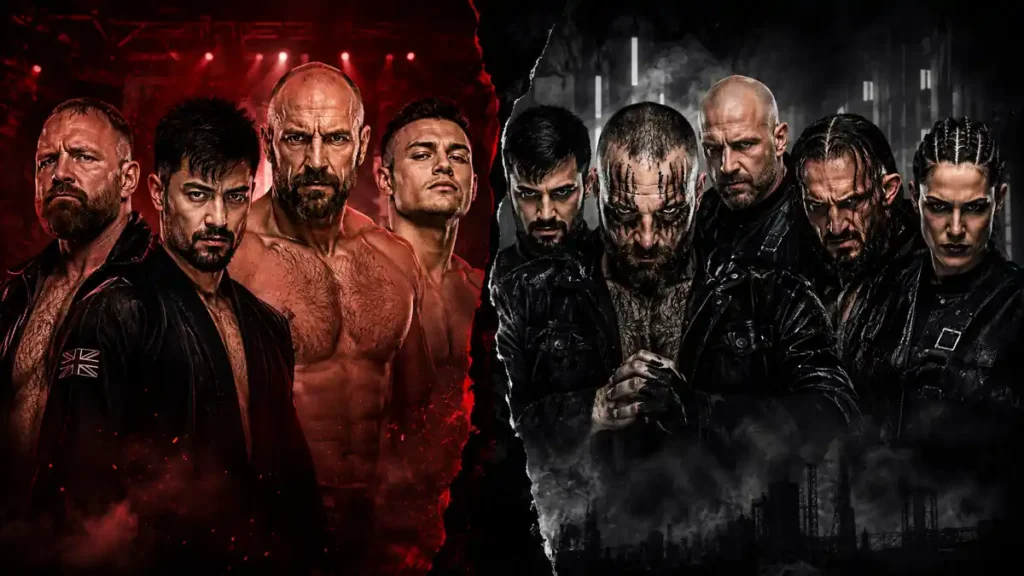 Blackpool Combat Club vs Death Riders faction comparison featuring Jon Moxley and other members