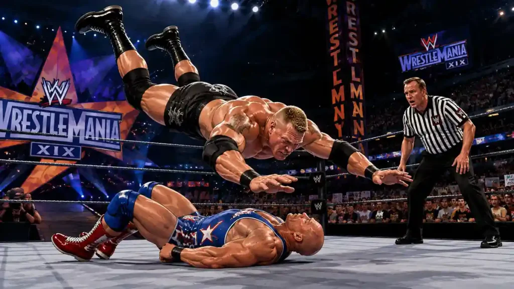 Brock Lesnar attempting the Shooting Star Press at WrestleMania 19