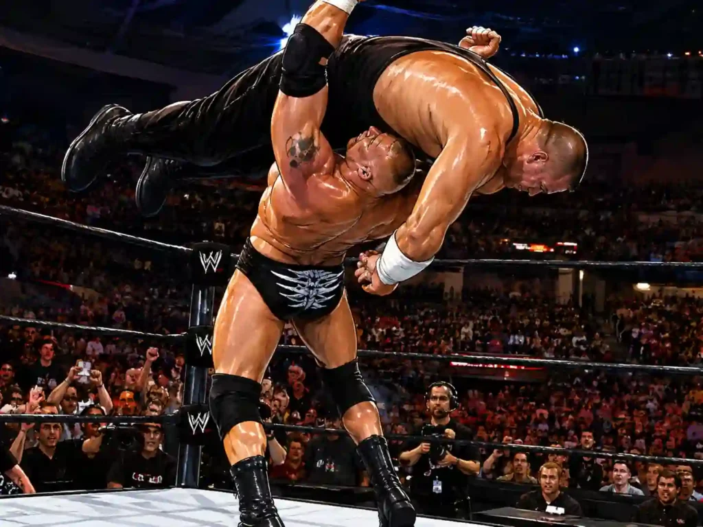 Brock Lesnar performing his signature Suplex City finishing move in a WWE ring illustration